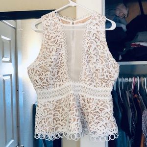 White/Nude Lace Peplum Top